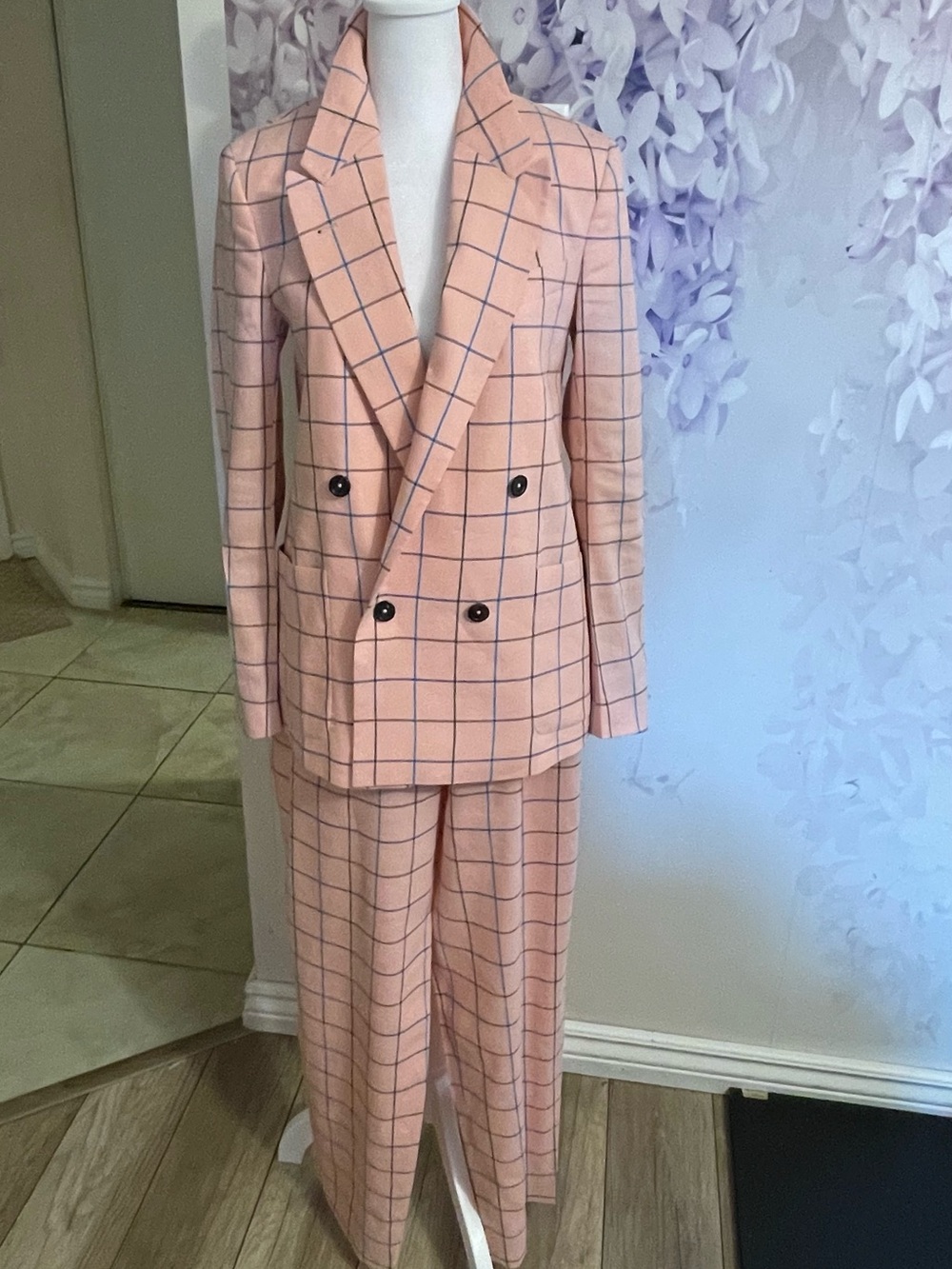 Paul Smith Pink Windowpane Check Linen Blend Pantsuit Size 36